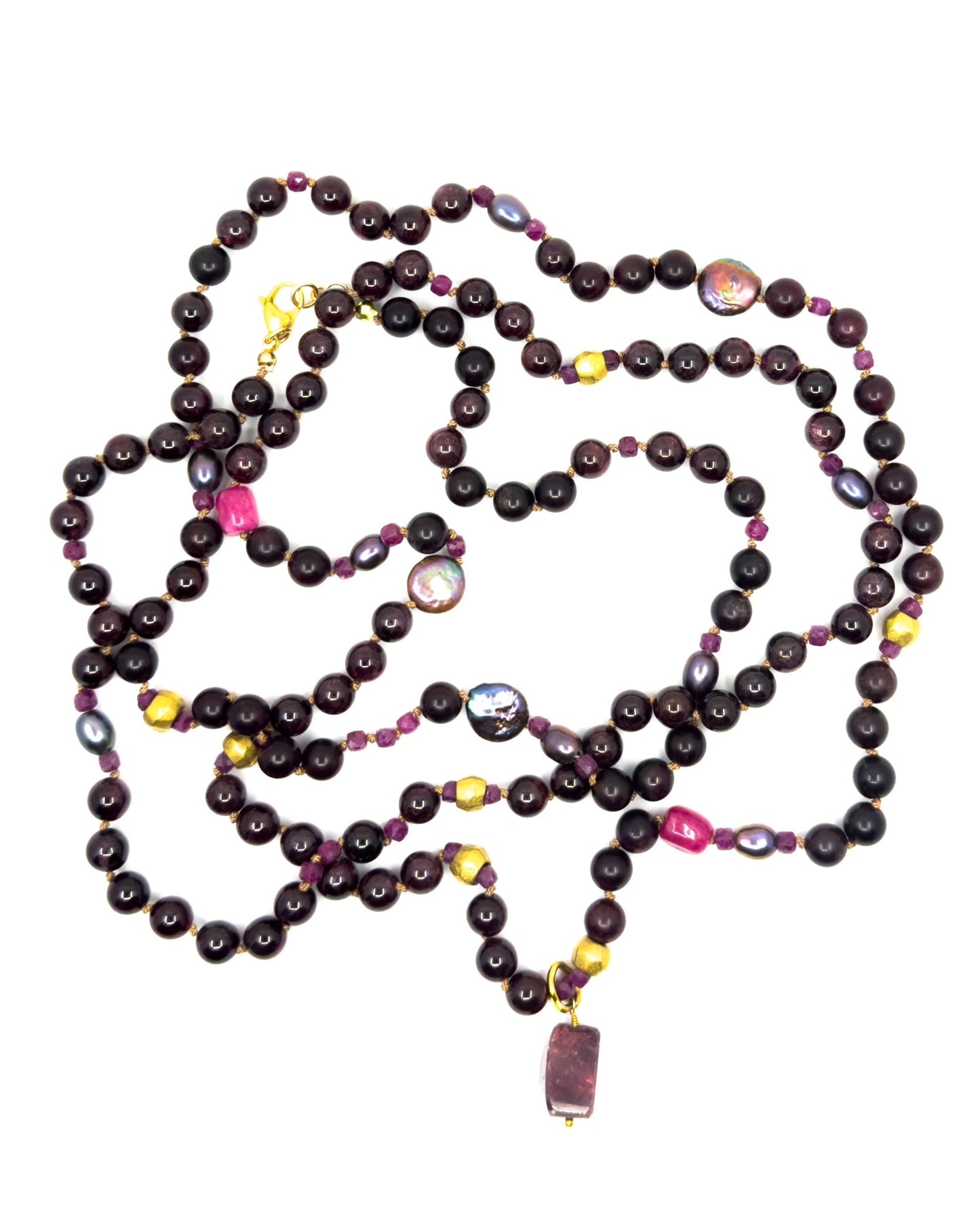 Long Hand-Knotted Garnet, Ruby, Tahitian Pearl Necklace