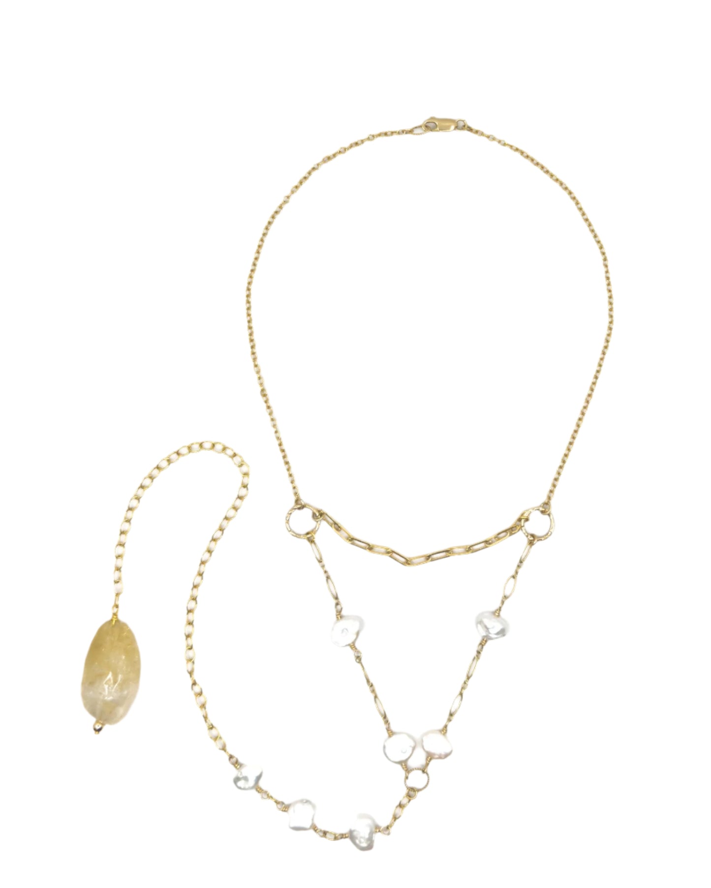 Pearl and Citrine Gold Necklace with Long Pendant Drop