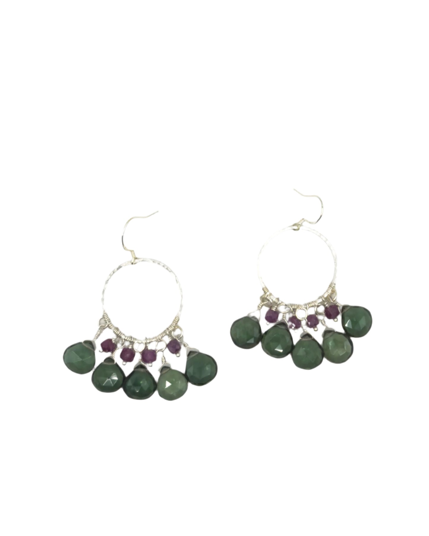 Deep Green Crystal and Ruby Silver Hoop Earrings