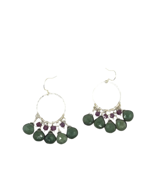 Deep Green Crystal and Ruby Silver Hoop Earrings