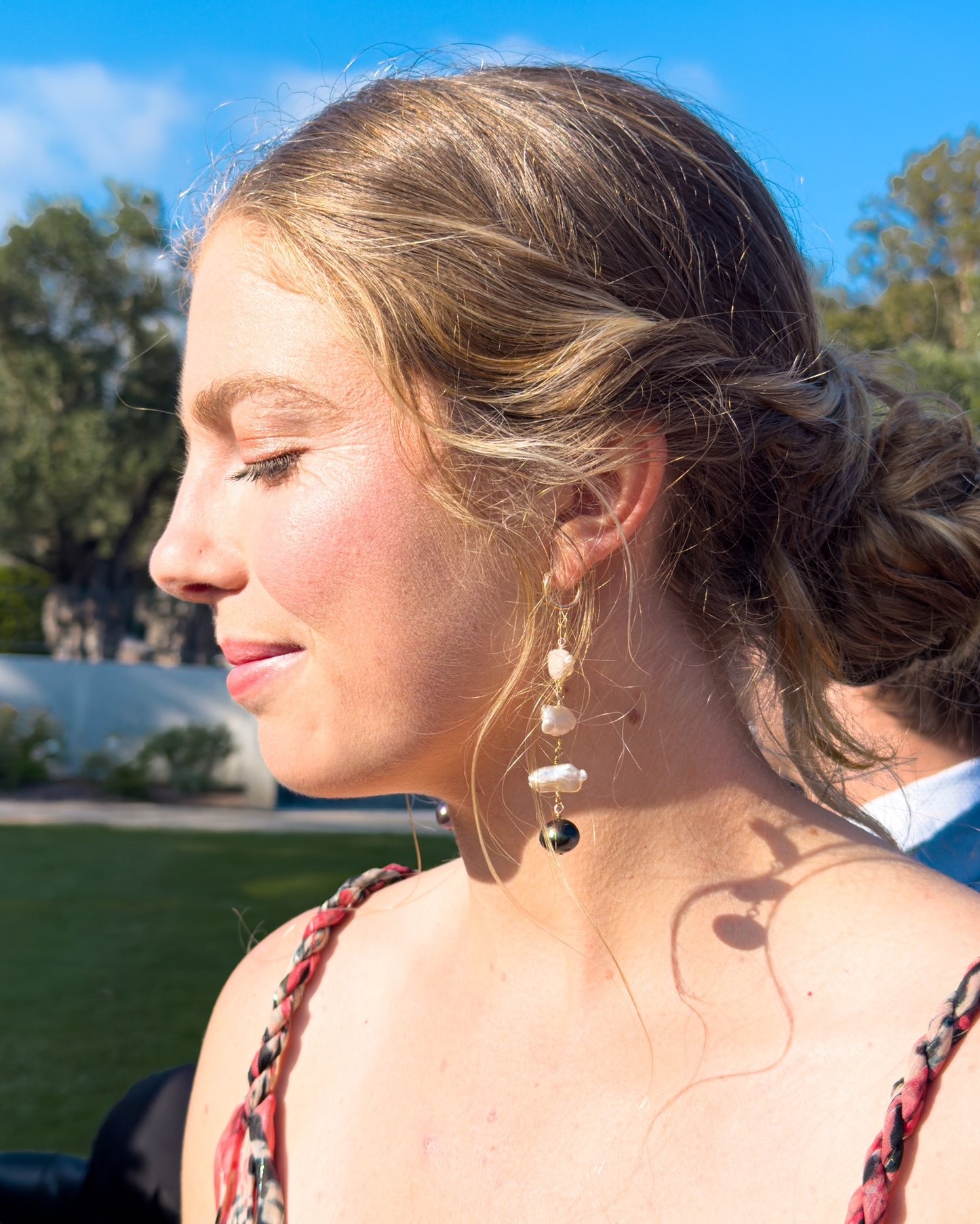 White Biwa Pearl Drop Earrings with Black Tahitian Pearl Accent