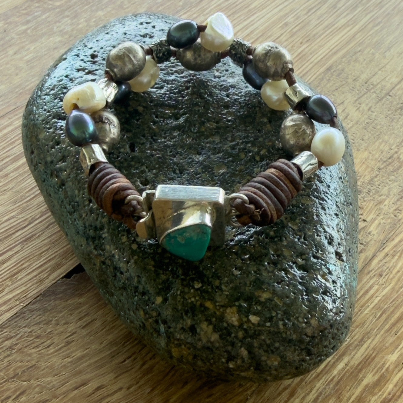 Funky Chunky Pearl, Turquoise, Thai Silver and Leather Bracelet