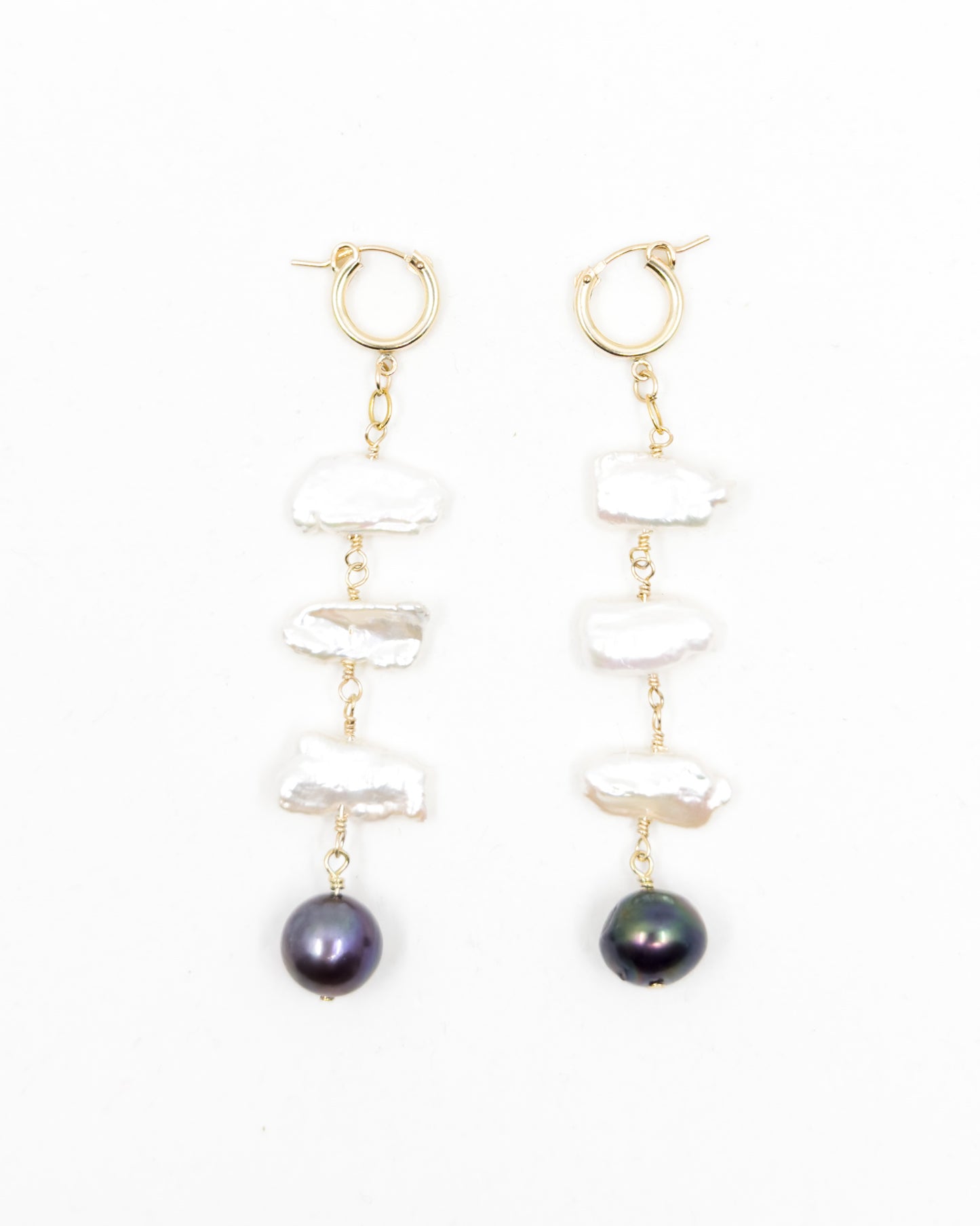 White Biwa Pearl Drop Earrings with Black Tahitian Pearl Accent