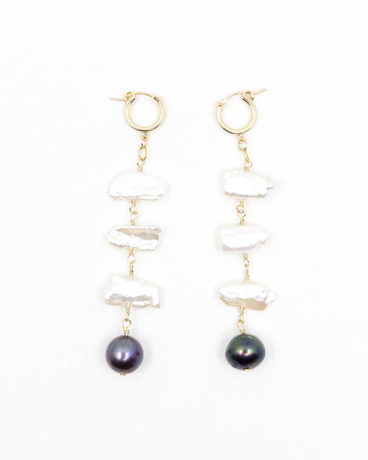 White Biwa Pearl Drop Earrings with Black Tahitian Pearl Accent