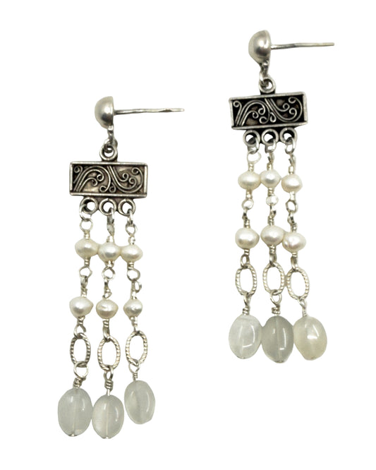 Sterling Silver, Pearl & Moonstone Chandelier Earrings