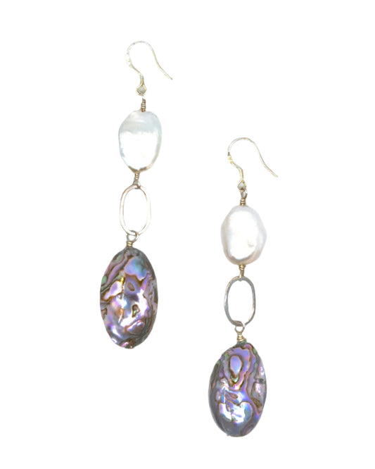 Abalone and Keshi Coin Pearl Drop Earrings