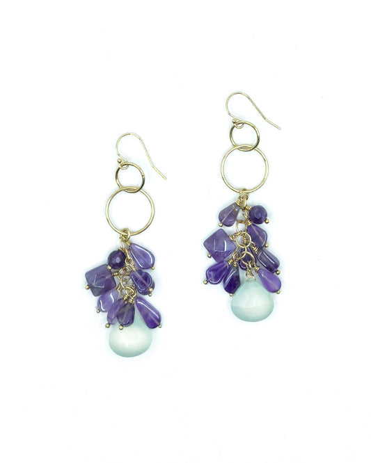 Amethyst and Soft Blue Chalcedony Gold Drop Earrings