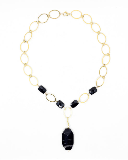 Black Onyx and Banded Agate Necklace on Large Link Gold Chain