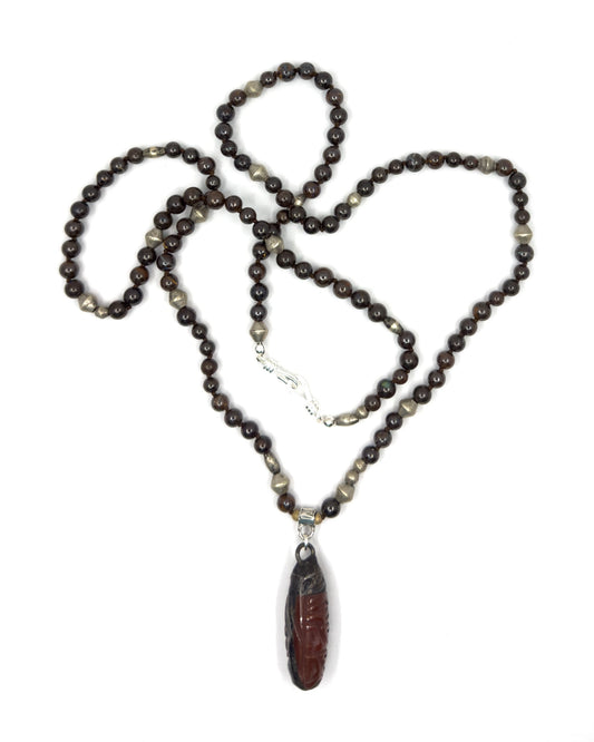 Hand-knotted Boulder Opal Necklace with Antique Carnelian Pendant