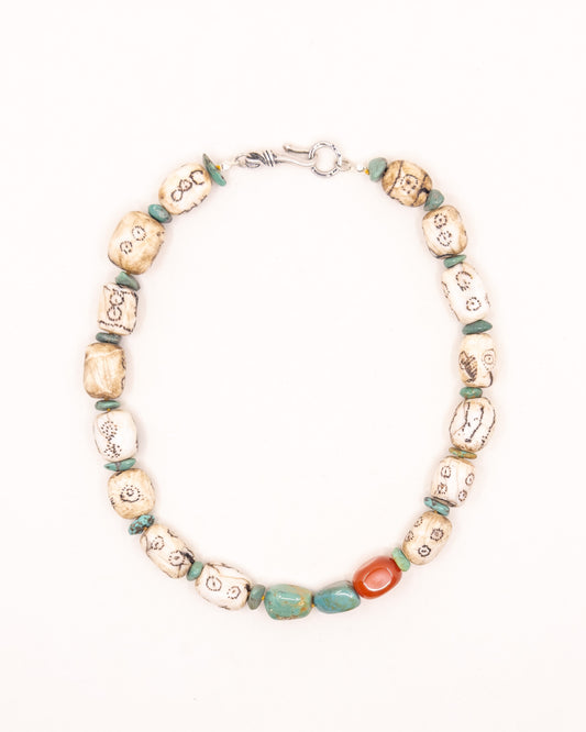 Vintage Carved Bone and Turquoise Necklace