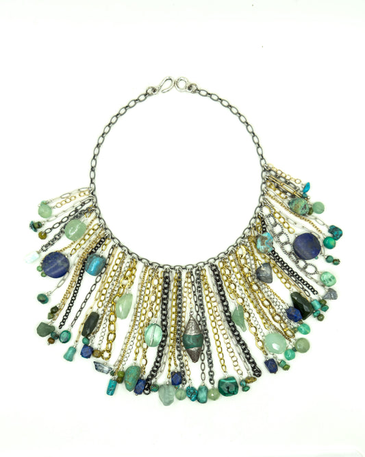 One-Of-a-Kind Chain and Gemstone Collar Necklace in Blue Gemstone Hues