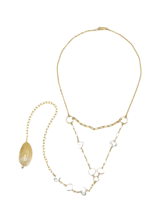 Pearl and Citrine Gold Necklace with Long Pendant Drop
