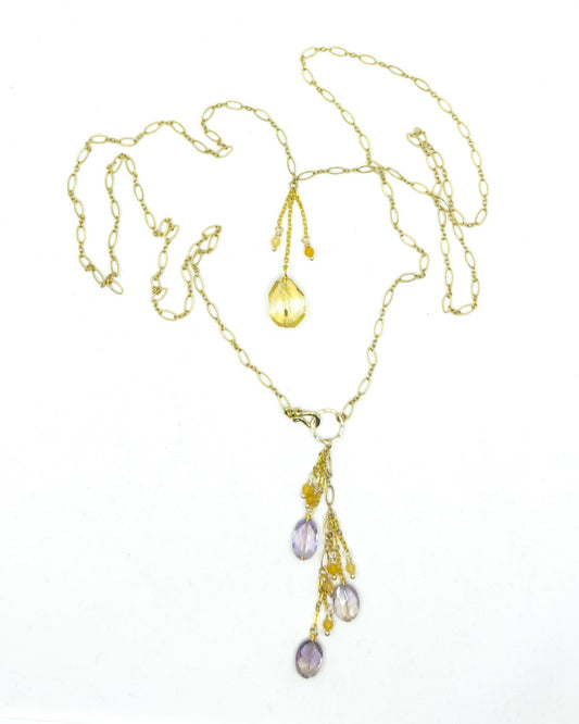 Long Double-Wrapped Front Clasping Gold Necklace with Teardrop Citrine and Ametrine Dangles at the Bottom