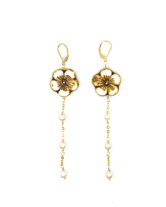 Czech Glass Hibiscus and Pearl Drop Earrings