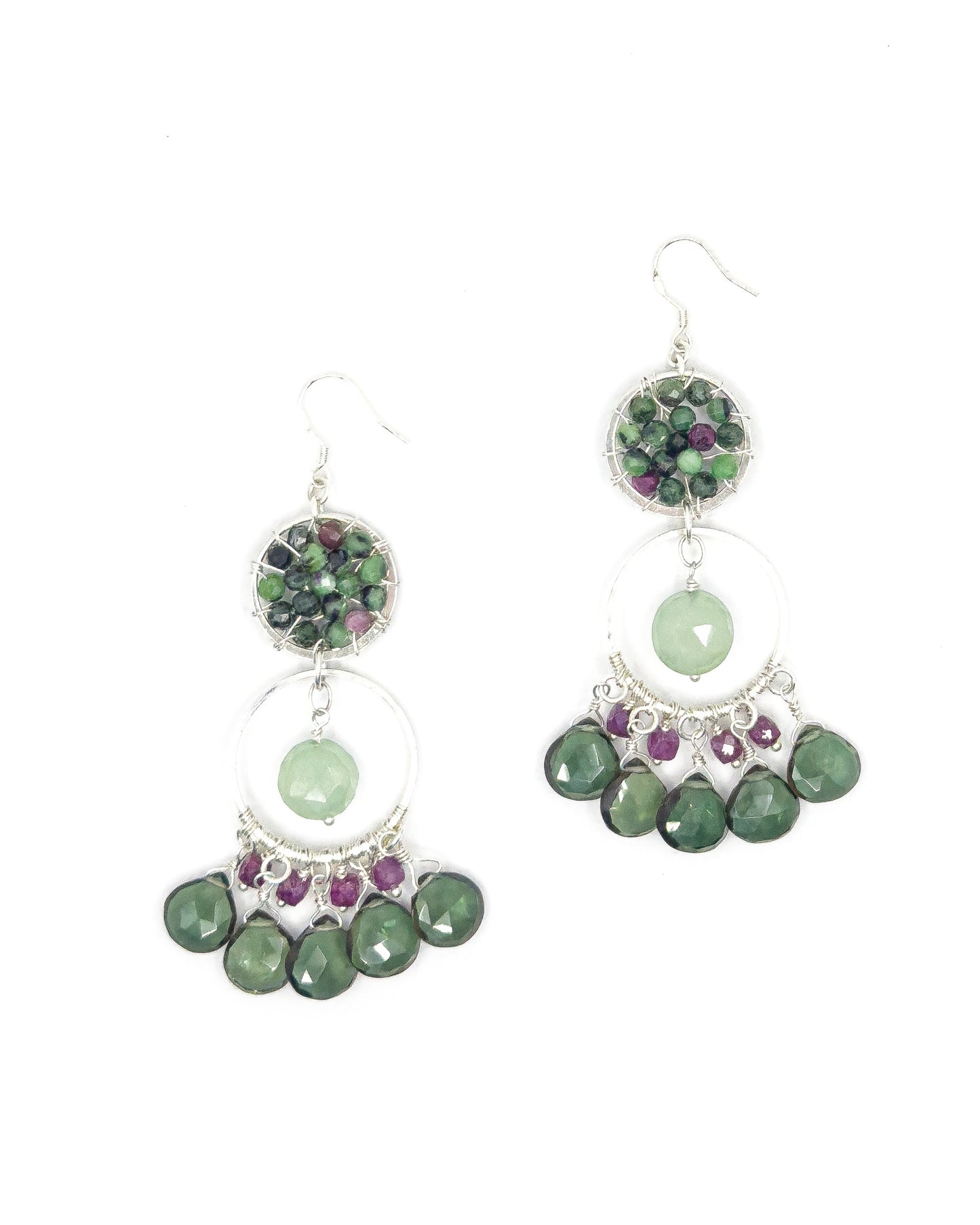 Sparkling Chandelier Earrings with Zoisite Ruby, Chalcedony, Ruby, Green Chrystal, Sterling Silver