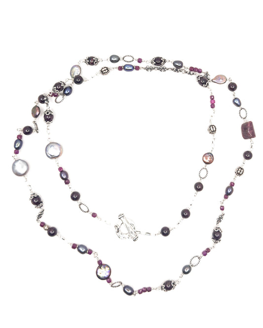 Ruby, Garnet, Tahitian Pearls and Sterling Silver Long Necklace
