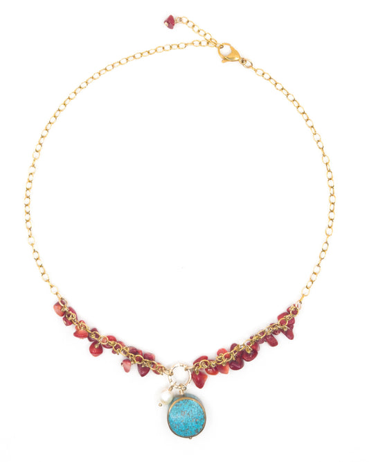 Turquoise and Coral Gold Necklace
