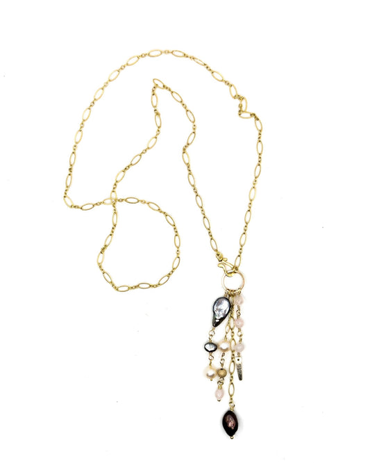 Long Gold Chain Necklace with White and Tahitian Pearl Drop Dangles