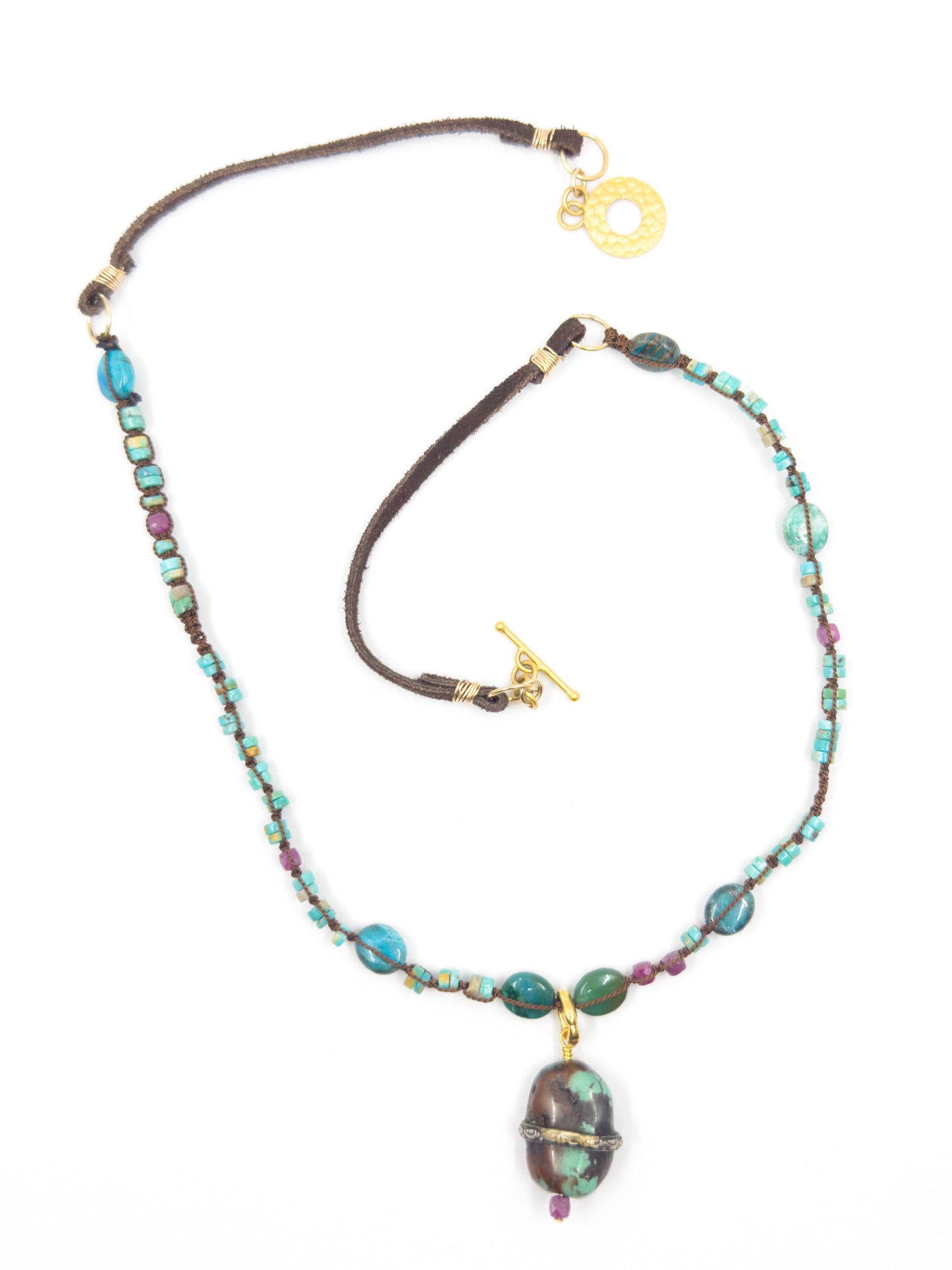 Turquoise, Ruby, Peruvian Opal Macrame and Leather Necklace