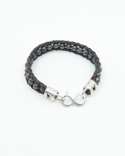 Men's Gray Lava Stone and Leather Bracelet with Silver Clasp.