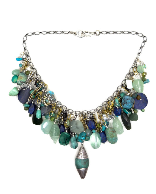 One-Of-a-Kind Chain and Gemstone Collar Necklace in Blue Gemstone Hues