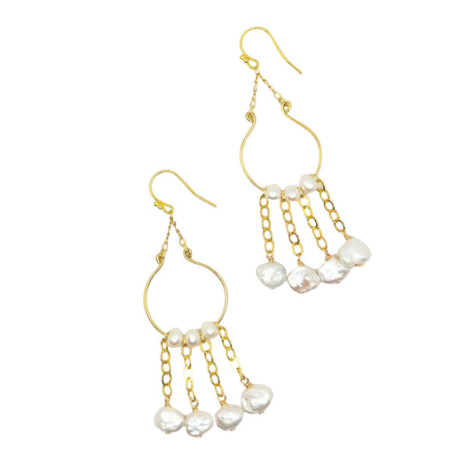 Pearl and Gold Chain Chandelier Hoop Earrings