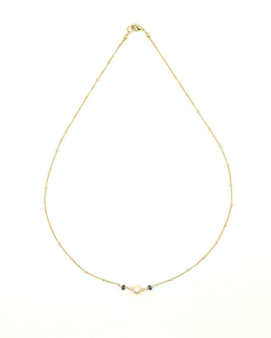 Delicate Gold Chain with Center Pearl and Sapphire Accent Stones