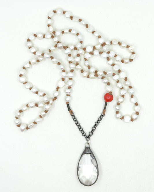 Pearl and Leather Necklace with Antique Chandelier Crystal Pendant
