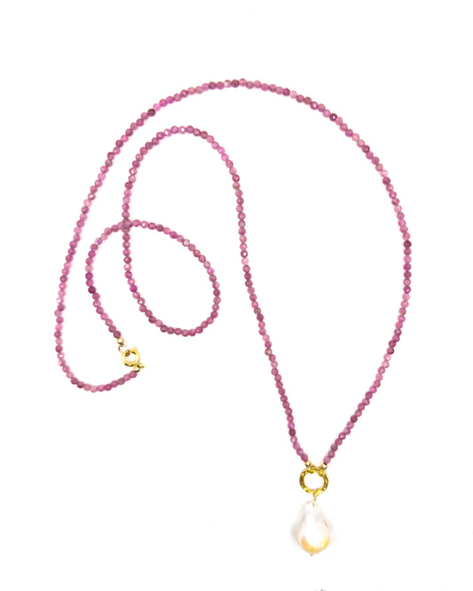 Long Pink Tourmaline Necklace with Baroque Pearl Drop