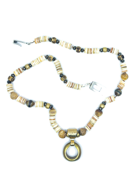Shell Necklace with Antique Ethiopian Wedding Ring Pendant