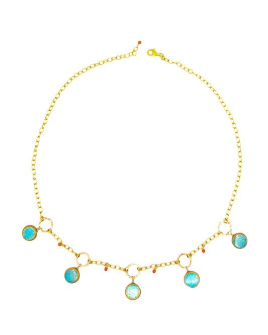 Turquoise Discs on Gold Chain Necklace