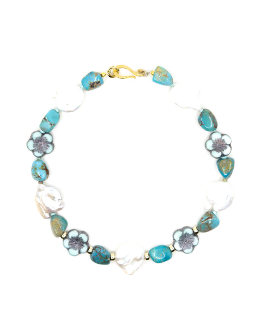 Playful turquoise, Keshi Coin Pearl and Czech Glass Collar Necklace