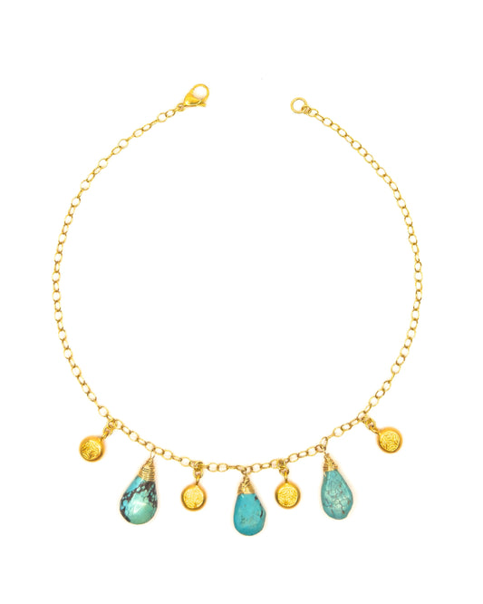 Turquoise Teardrop and Thai Gold Charm Necklace