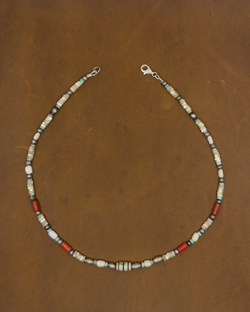 Unisex Mother of Pearl, Turquoise and Coral Surf Necklace