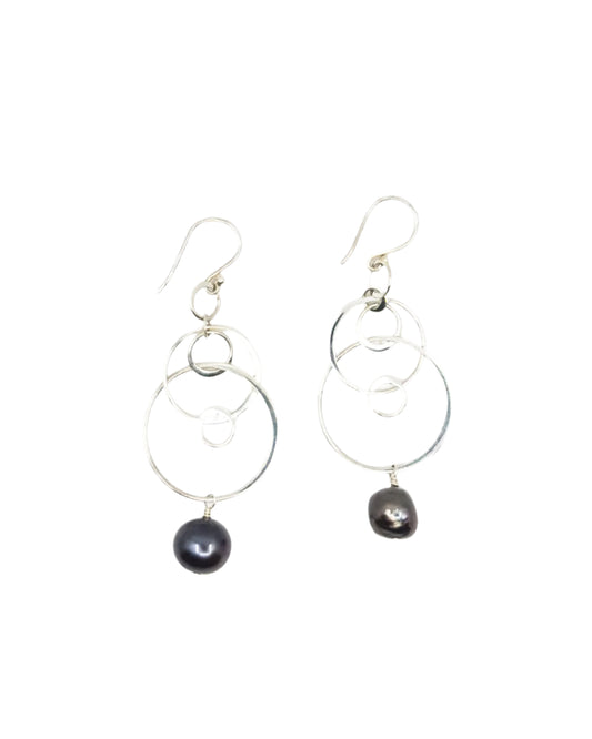 Sterling Silver Drop Hoops with Tahitian Pearl