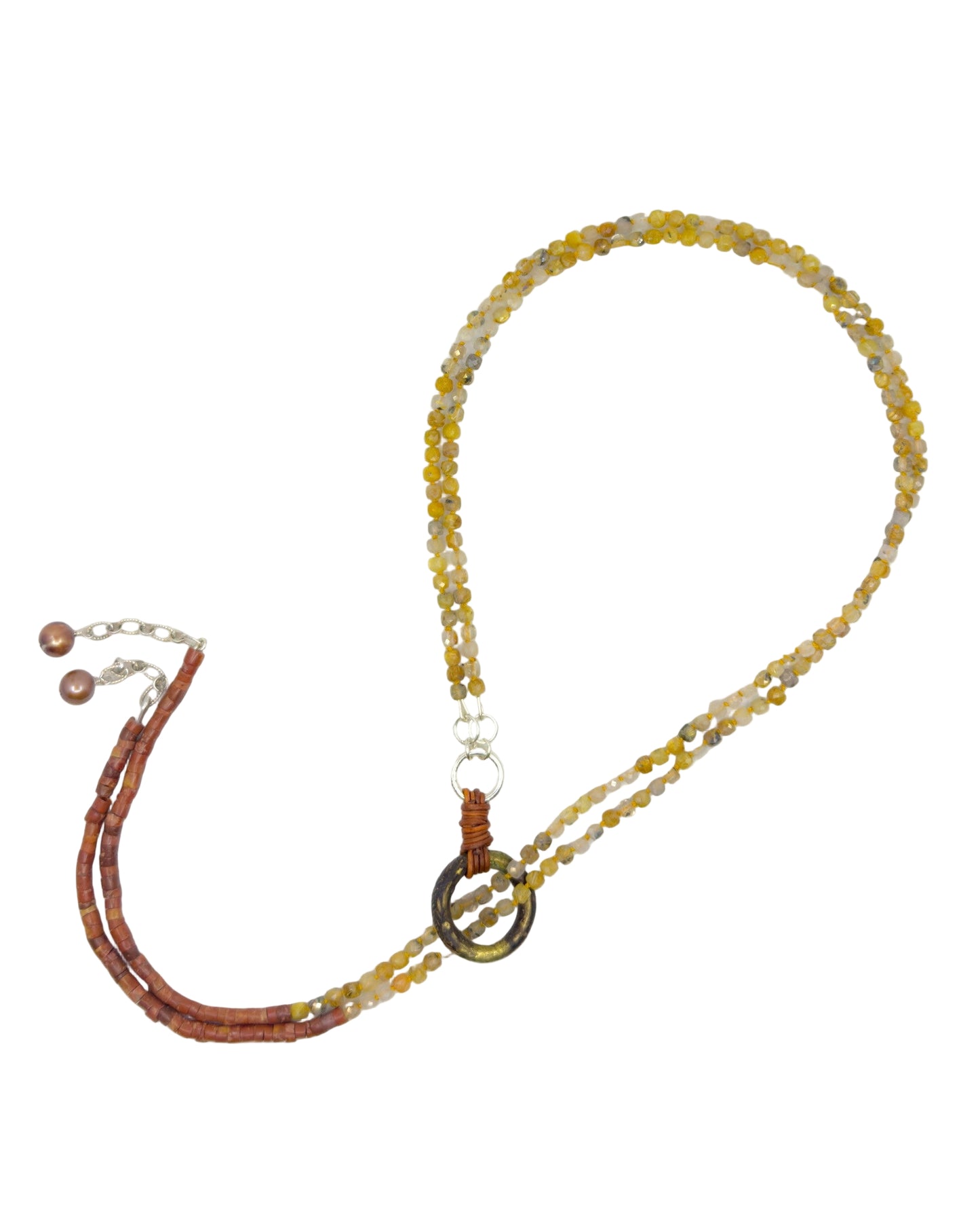 Rutilated Quartz, Pipestone, & Gold Pearl Lariat Necklace