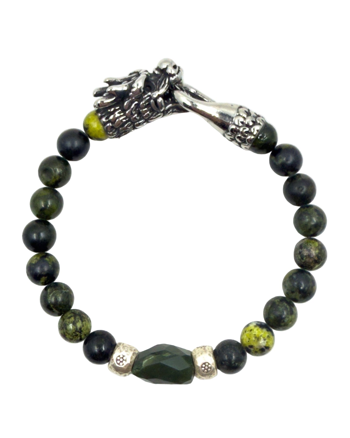 Serpentine & Sterling Silver Dragon Clasp Bracelet