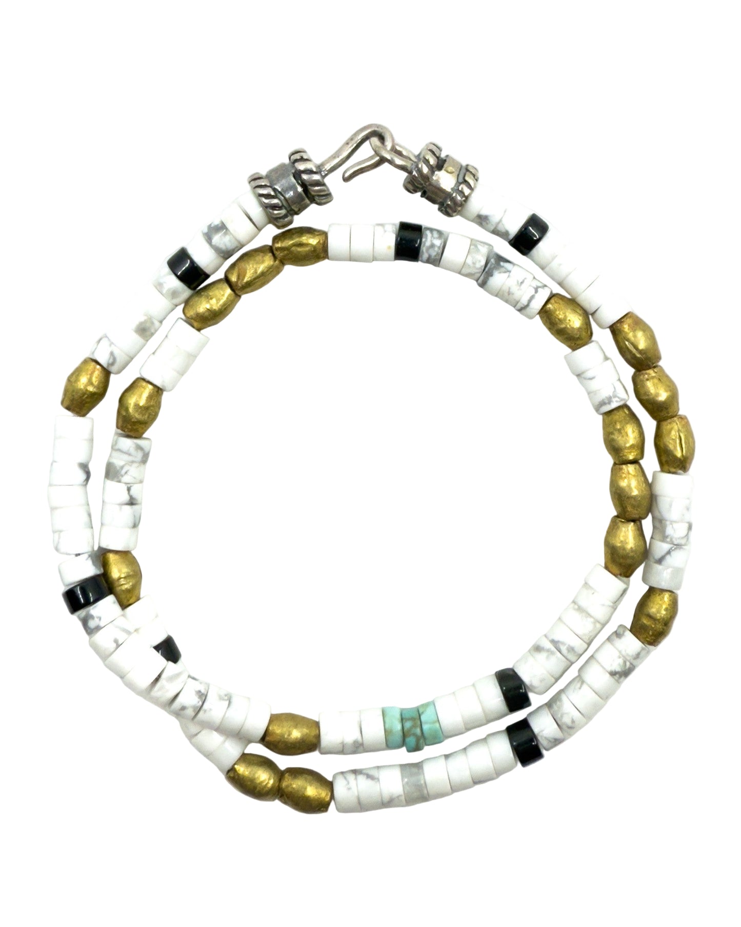 Howlite, Onyx, Turquoise & Brass Double-Wrap Bracelet