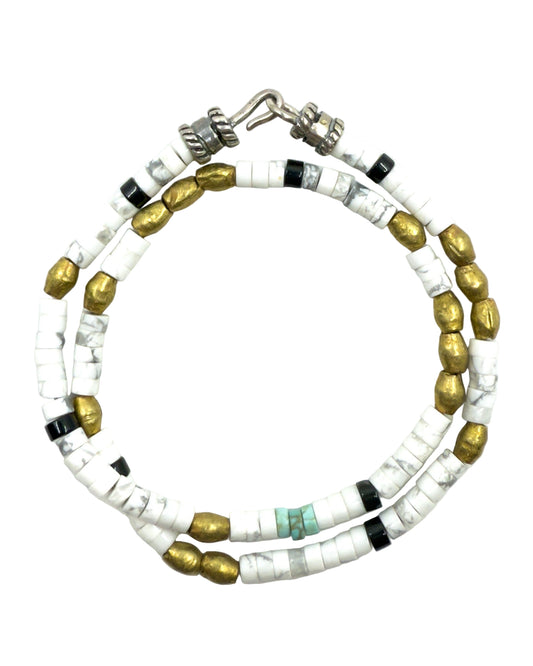 Howlite, Onyx, Turquoise & Brass Double-Wrap Bracelet