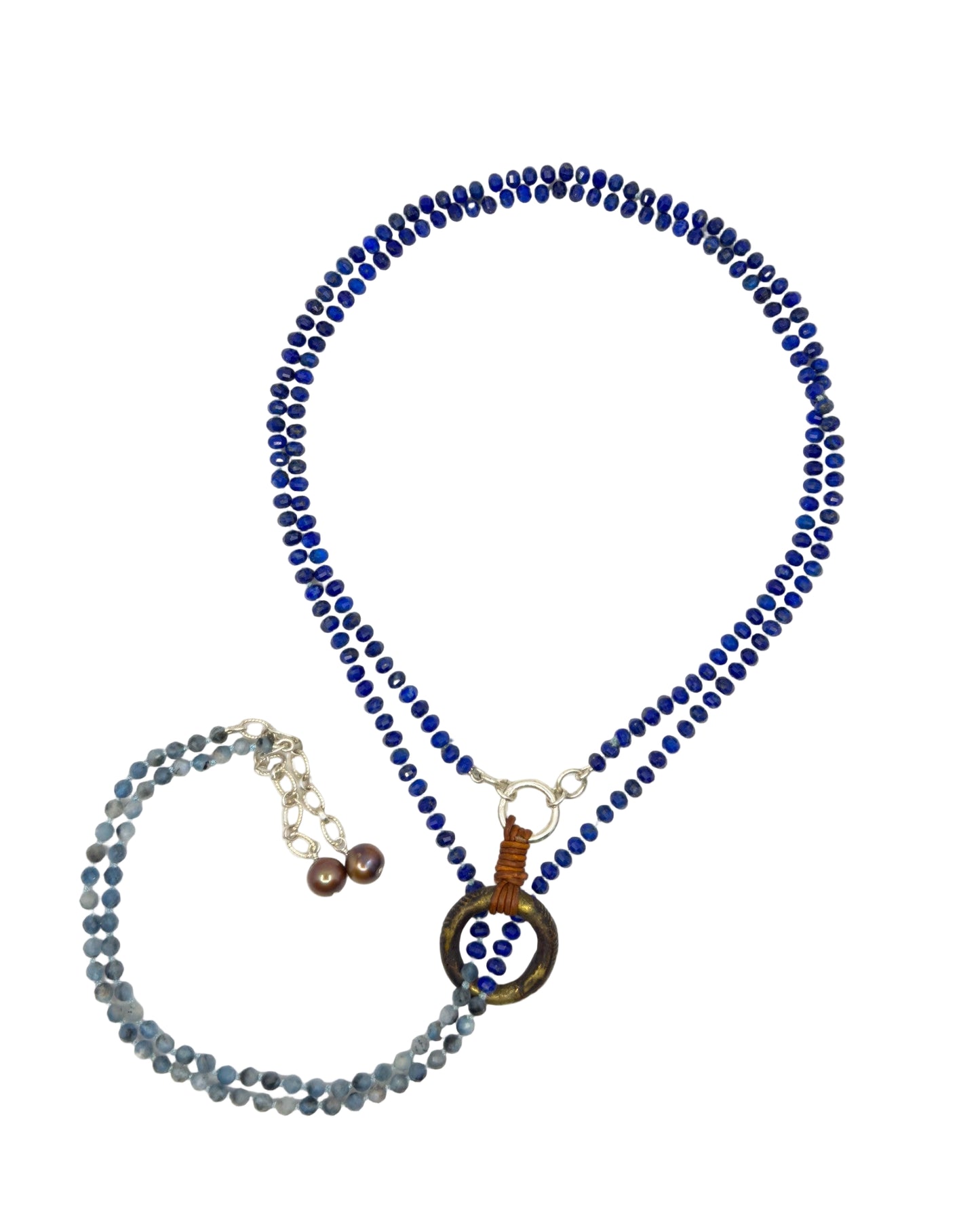 Lapis, Aquamarine & Gold Pearl Lariat Necklace