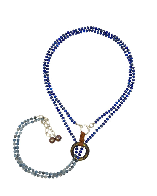 Lapis, Aquamarine & Gold Pearl Lariat Necklace