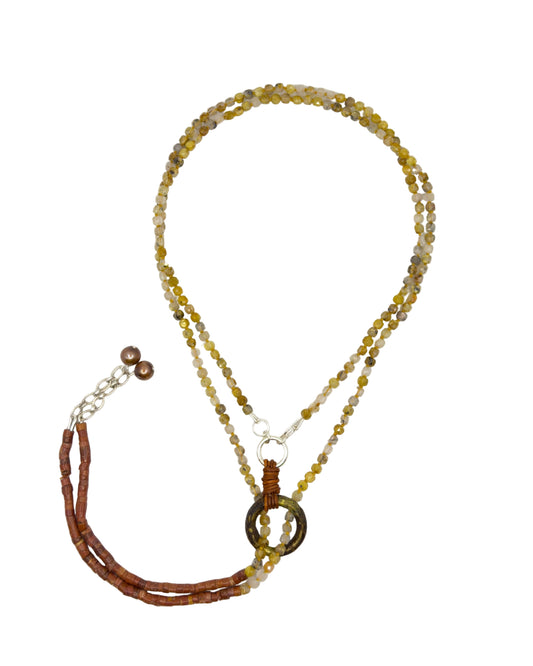 Rutilated Quartz, Pipestone, & Gold Pearl Lariat Necklace