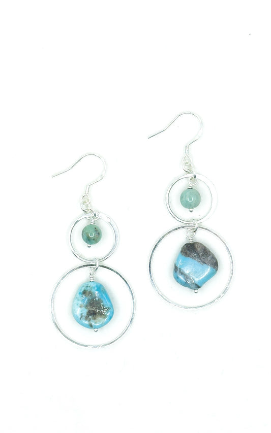 Silver Hoop Earrings with Turquoise Center Stones