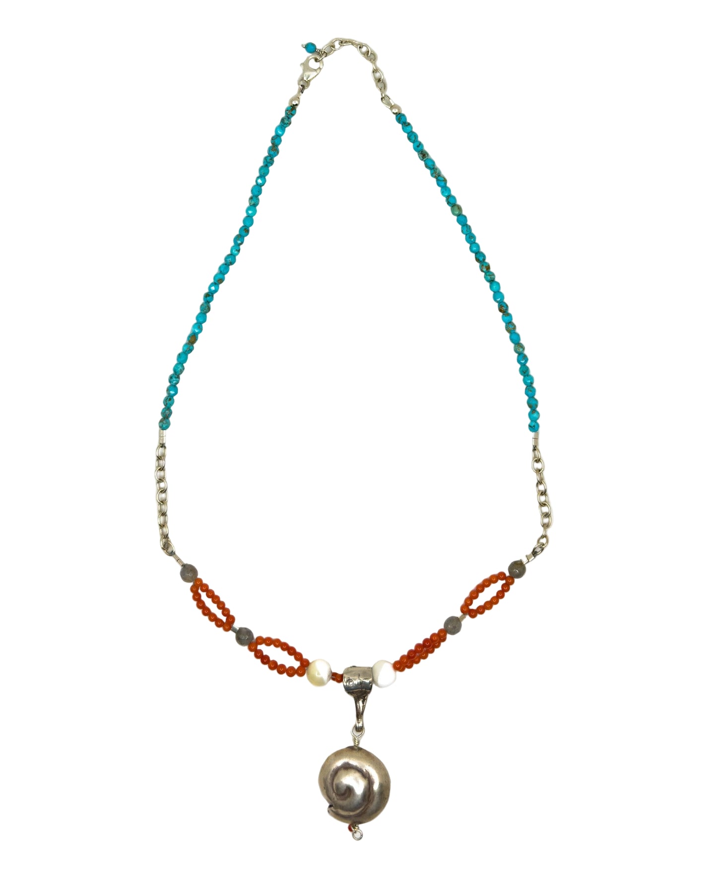 Turquoise and Coral Necklace with Sterling Silver Shell Pendant