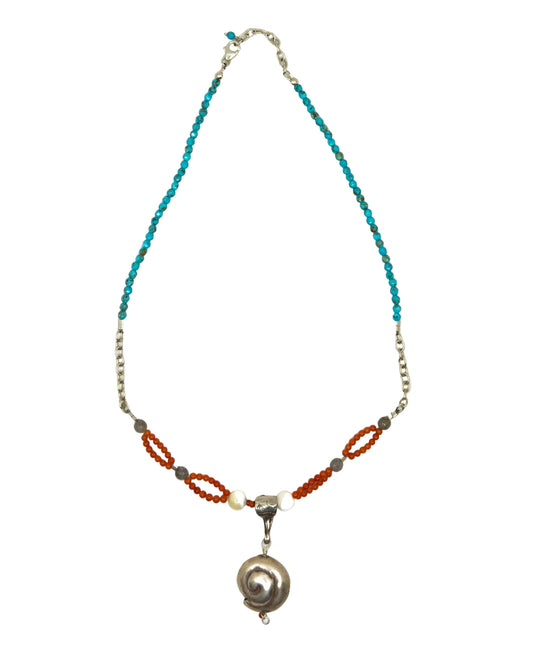 Turquoise and Coral Necklace with Sterling Silver Shell Pendant