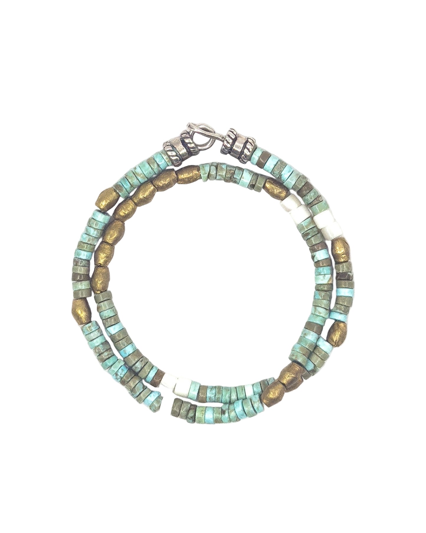 Kingman Turquoise, Brass & Mother of Pearl Double-Wrap Bracelet