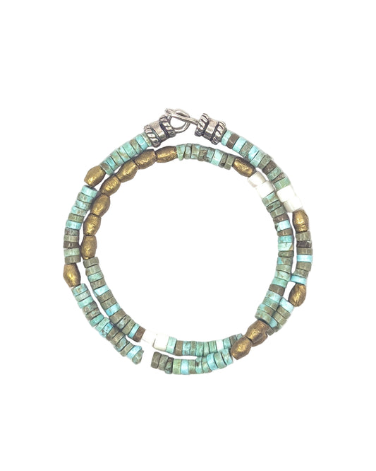 Kingman Turquoise, Brass & Mother of Pearl Double-Wrap Bracelet