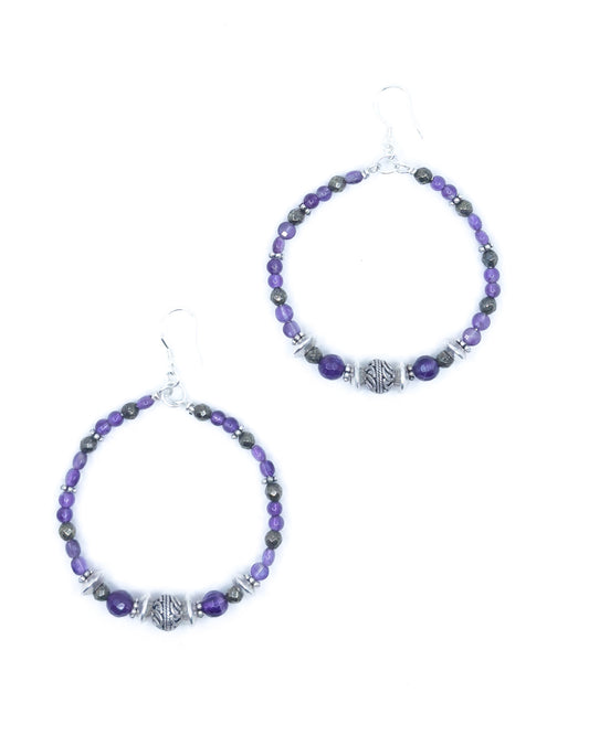 Amethyst and Sterling Silver Large Hoop Earrings